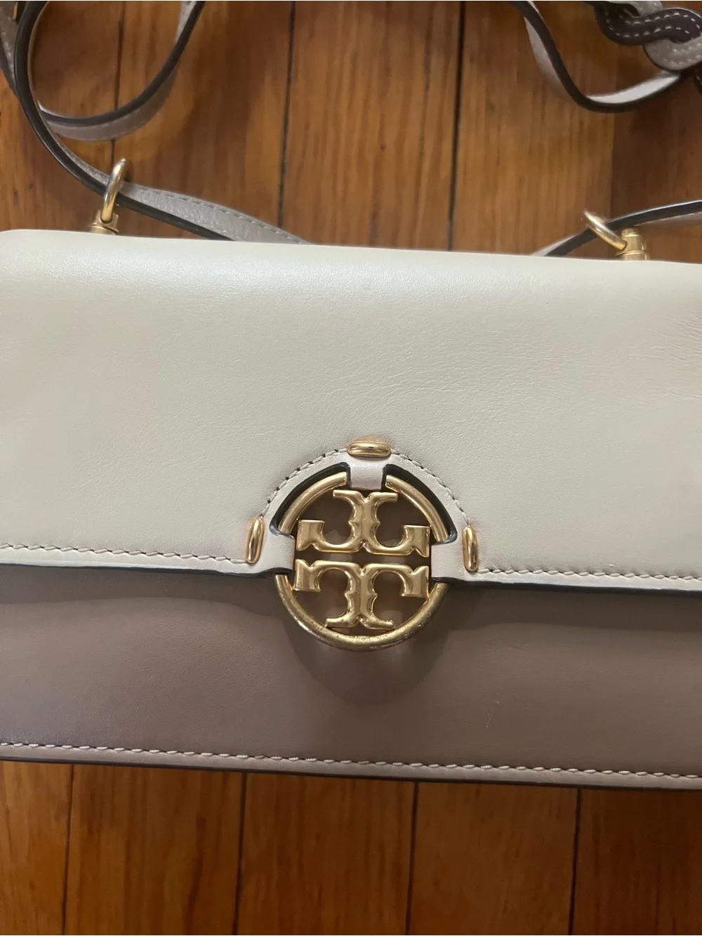 Tory Burch Colorblock Leather Crossbody Bag in White & Taupe